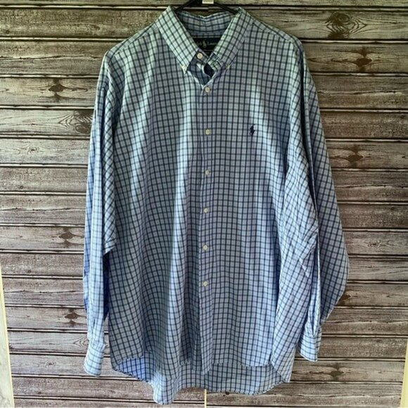 Ralph Lauren Men's Blake Long-Sleeved‎ Button-Down Shirt Size XL Blue Plaid Logo - Picture 1 of 7